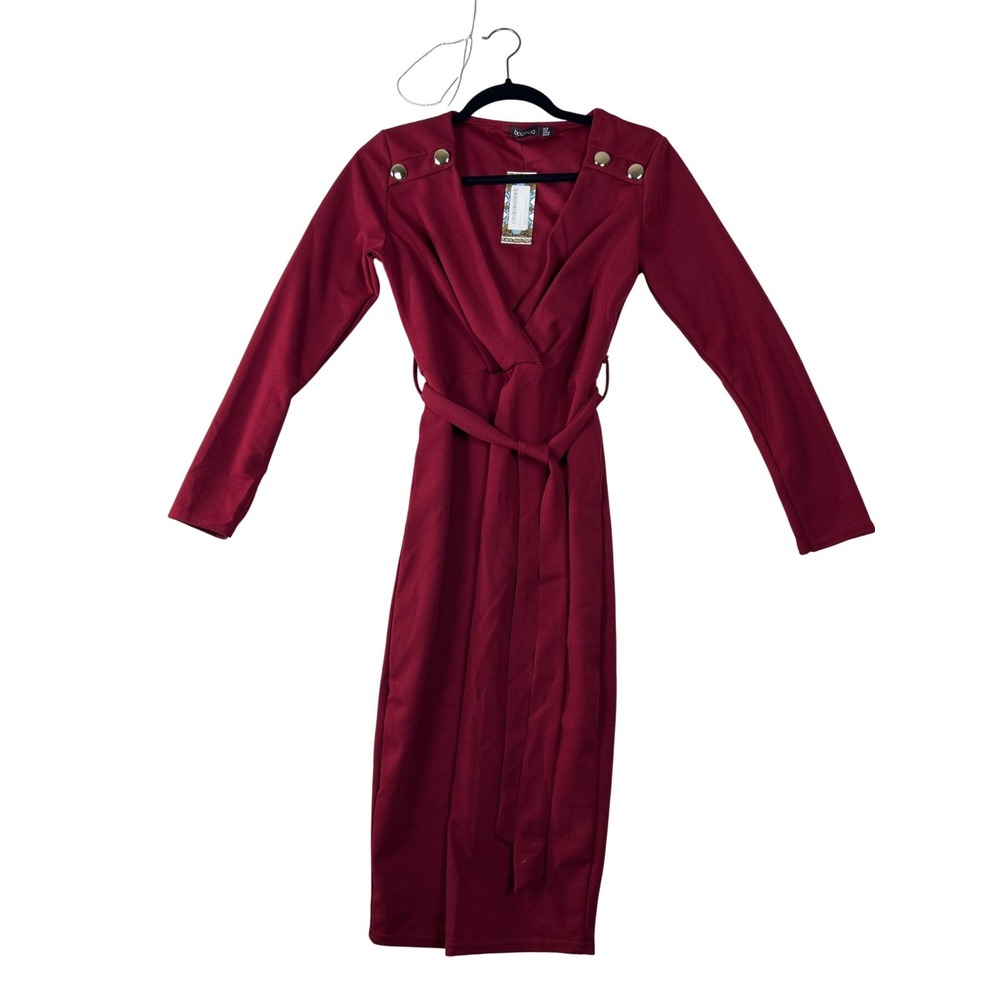 Boohoo Womens Burgundy Long Sleeve Button Shoulder Midi Wrap Belted Dress Size 8